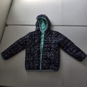 Eddie Bauer Jacket Kids XS 5/6 Black Floral Reversible Down Puffer Hooded Winter